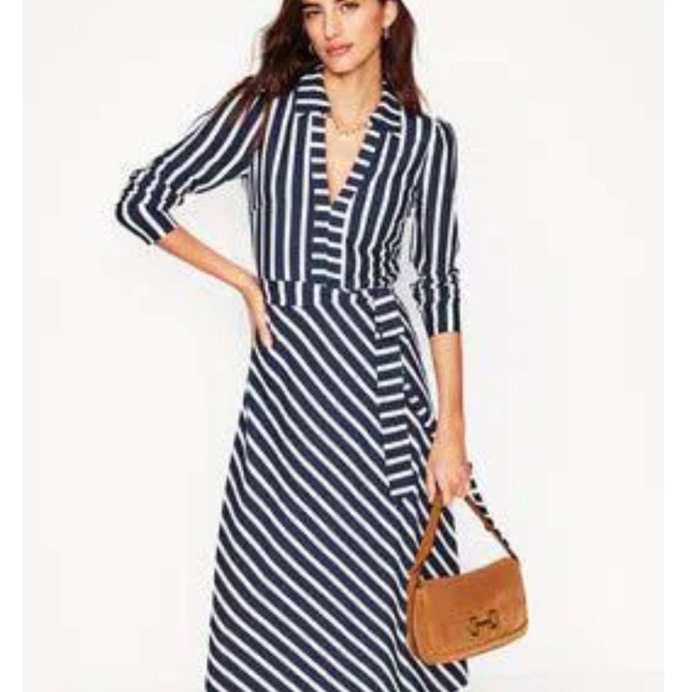 Boden Navy and White Striped Long Sleeve Dress